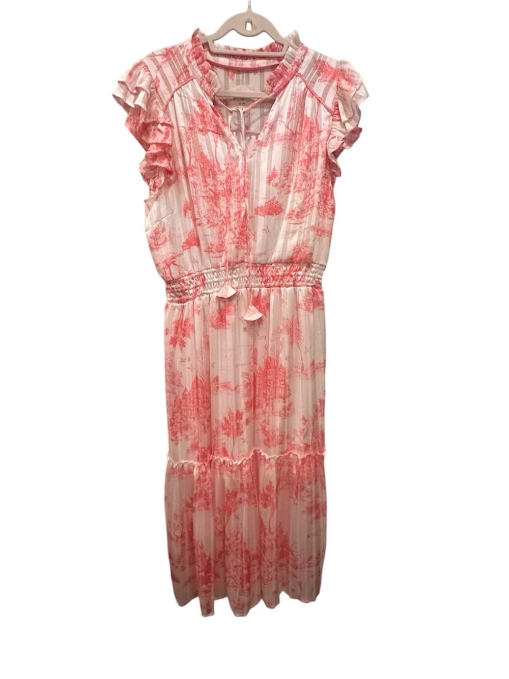 Umgee Floral Tiered Maxi Dress Gold Metallic Accents Elastic Waist Tassel Sz M